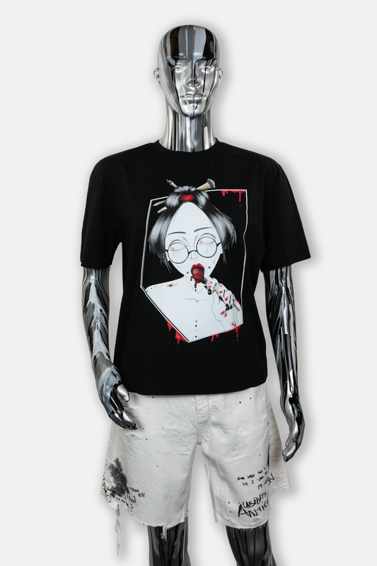 Male mannequin wearing Painted in Red men's graphic black t-shirt 