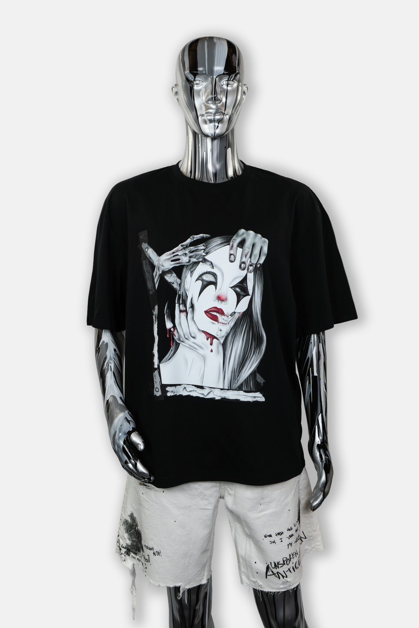 Male mannequin wearing Trapped in the Darkness men's black tee with dark hand-drawn artwork