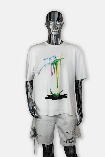 Male mannequin wearing Dripping Paint men's white t-shirt with hand-drawn dripping paint art