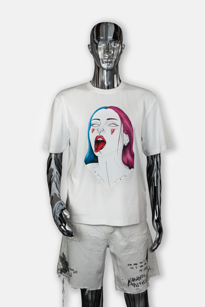Male mannequin wearing Pair of Hearts men's white tee with hand-drawn design