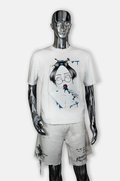 Male mannequin wearing Painted in Blue men's graphic white t-shirt - hand drawn design