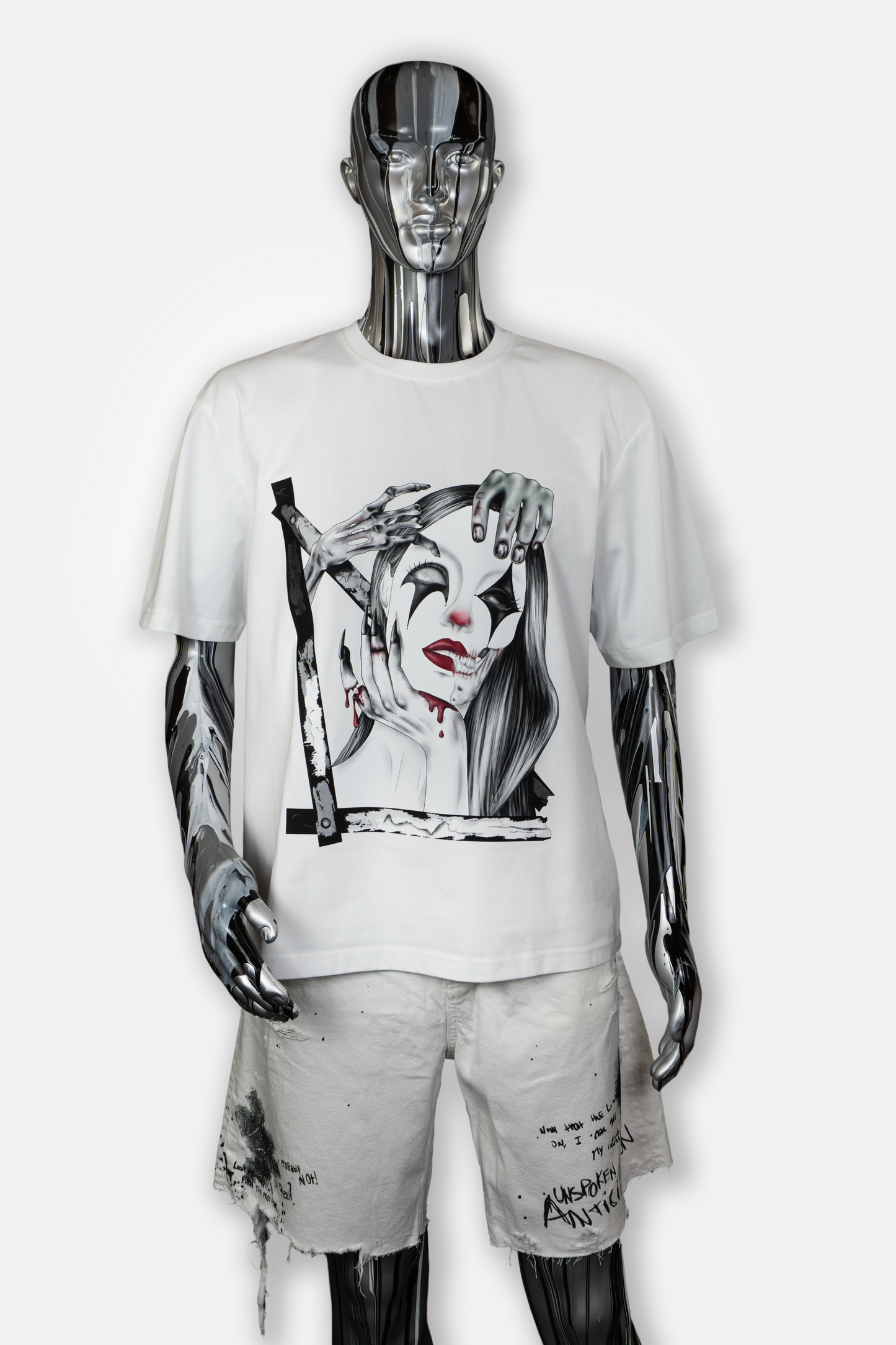 Male mannequin wearing Trapped in the Darkness men's white tee with dark hand-drawn artwork
