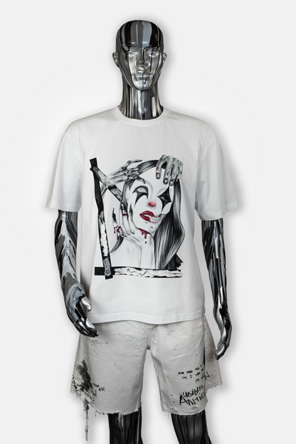 Male mannequin wearing Trapped in the Darkness men's white tee with dark hand-drawn artwork