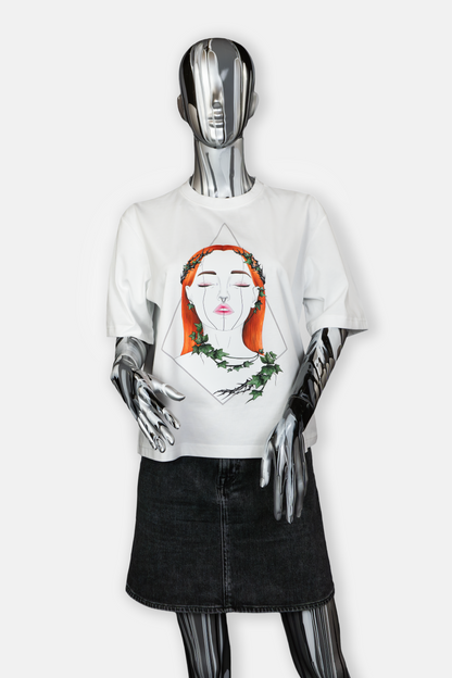 Female mannequin wearing Tangled Ivy statement tee in white