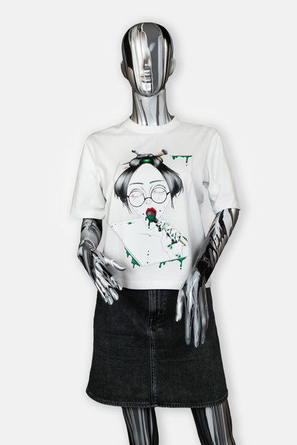 Female mannequin wearing Painted in Green statement tee in white