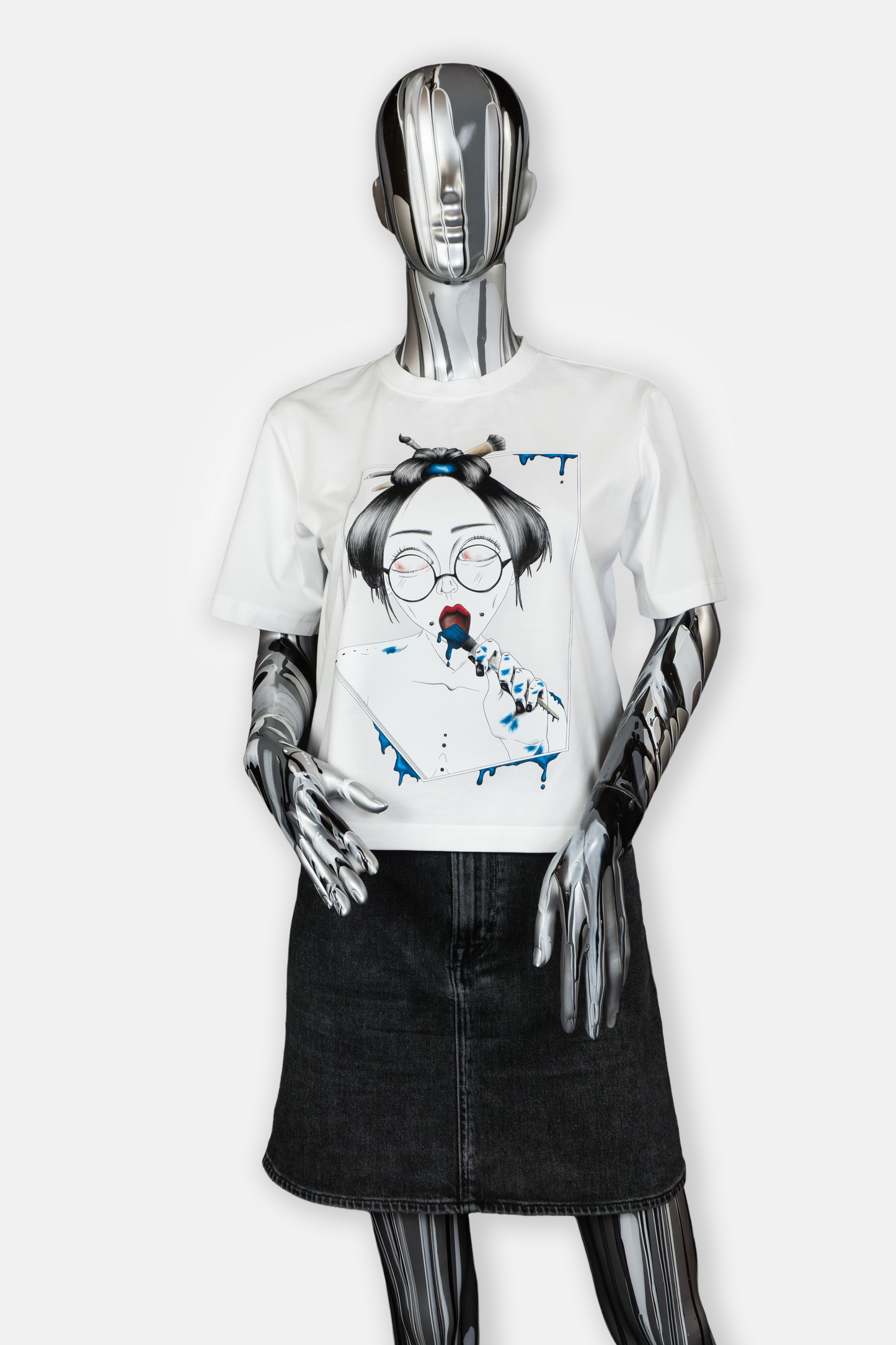 Female mannequin wearing Painted in Blue statement tee in white