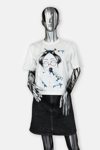 Female mannequin wearing Painted in Blue statement tee in white