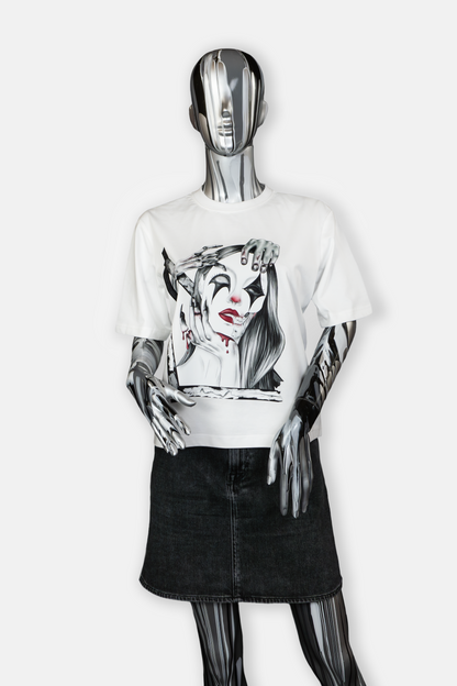 Female mannequin wearing white Trapped in the Darkness T-shirt