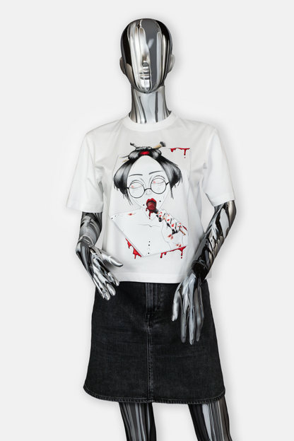 Female mannequin wearing Painted in Red statement tee in white