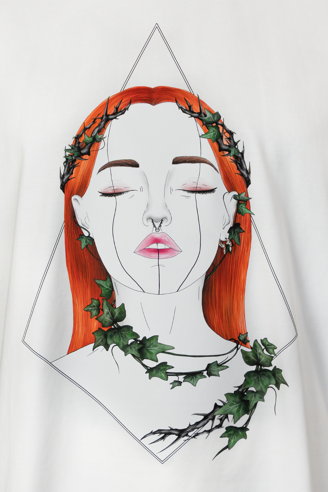 Close-up of Tangled Ivy Pierced Edition on white T-shirt