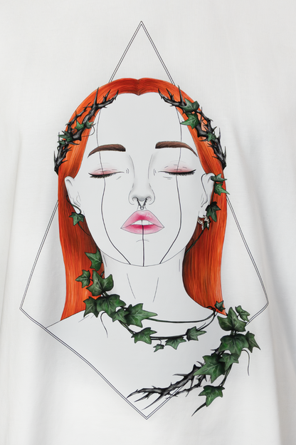 Close-up of Tangled Ivy Pierced Edition on white T-shirt