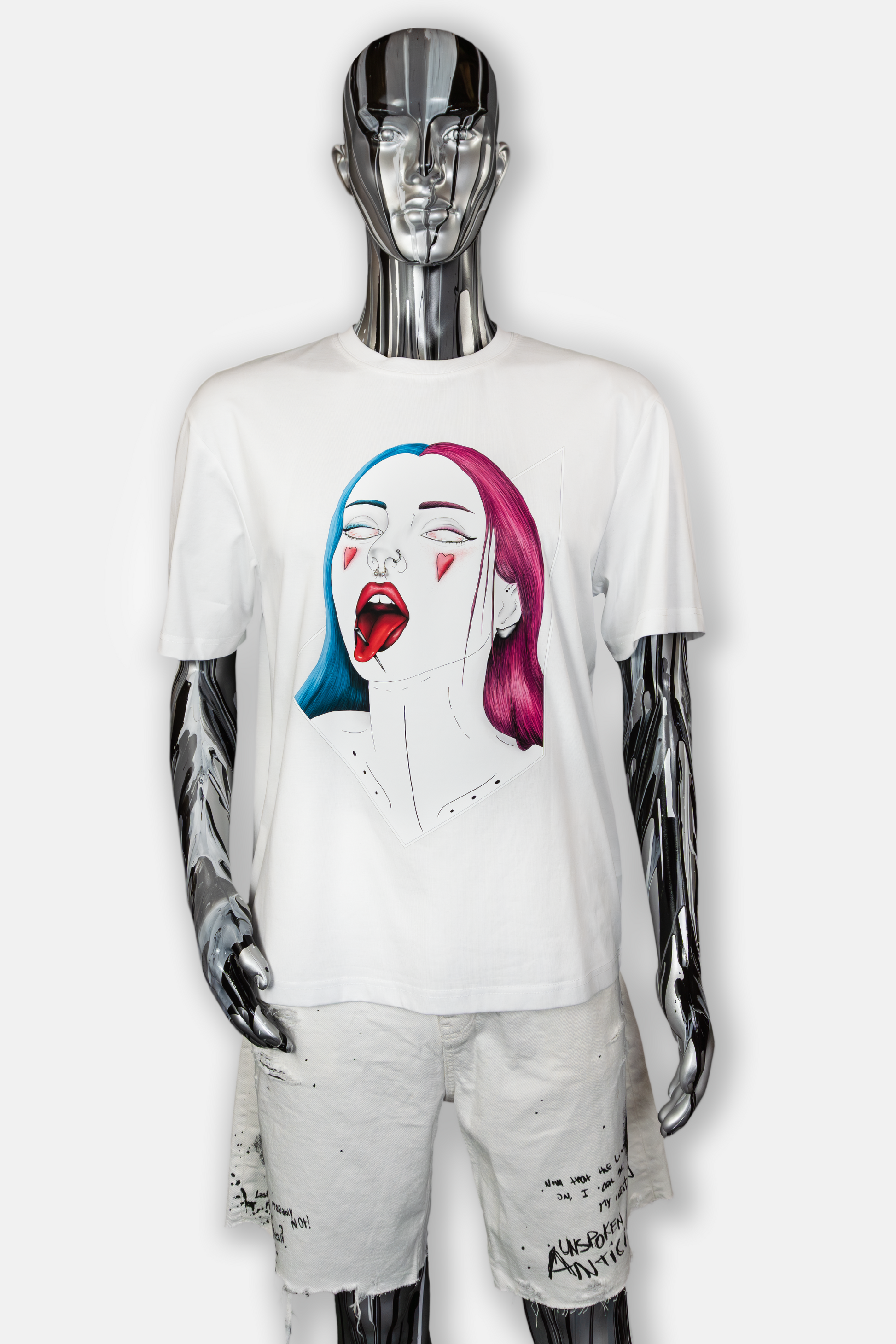 Male mannequin wearing Pair of Hearts Pierced Edition on white T-shirt