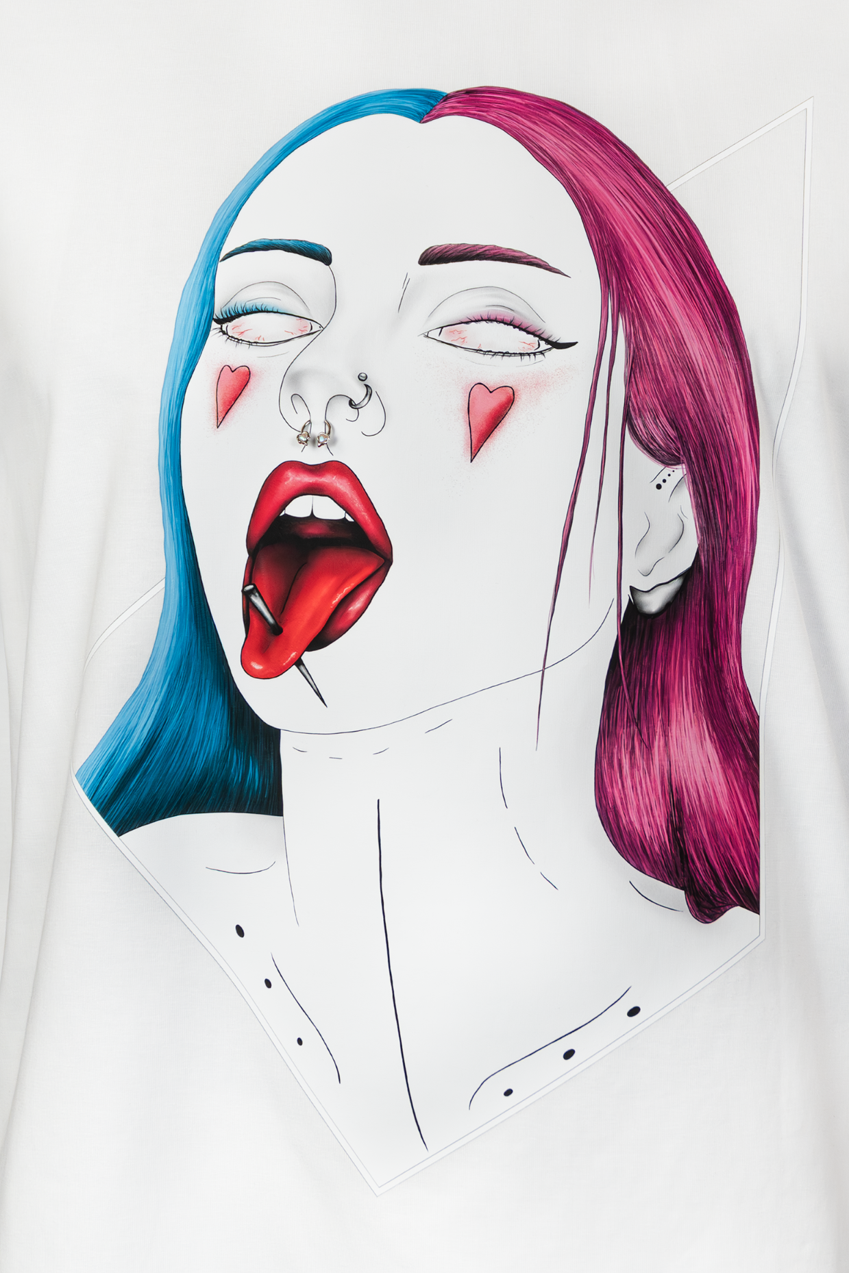 Close-up of Pair of Hearts Pierced Edition on white T-shirt