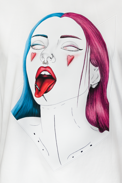 Close-up of Pair of Hearts Pierced Edition on white T-shirt