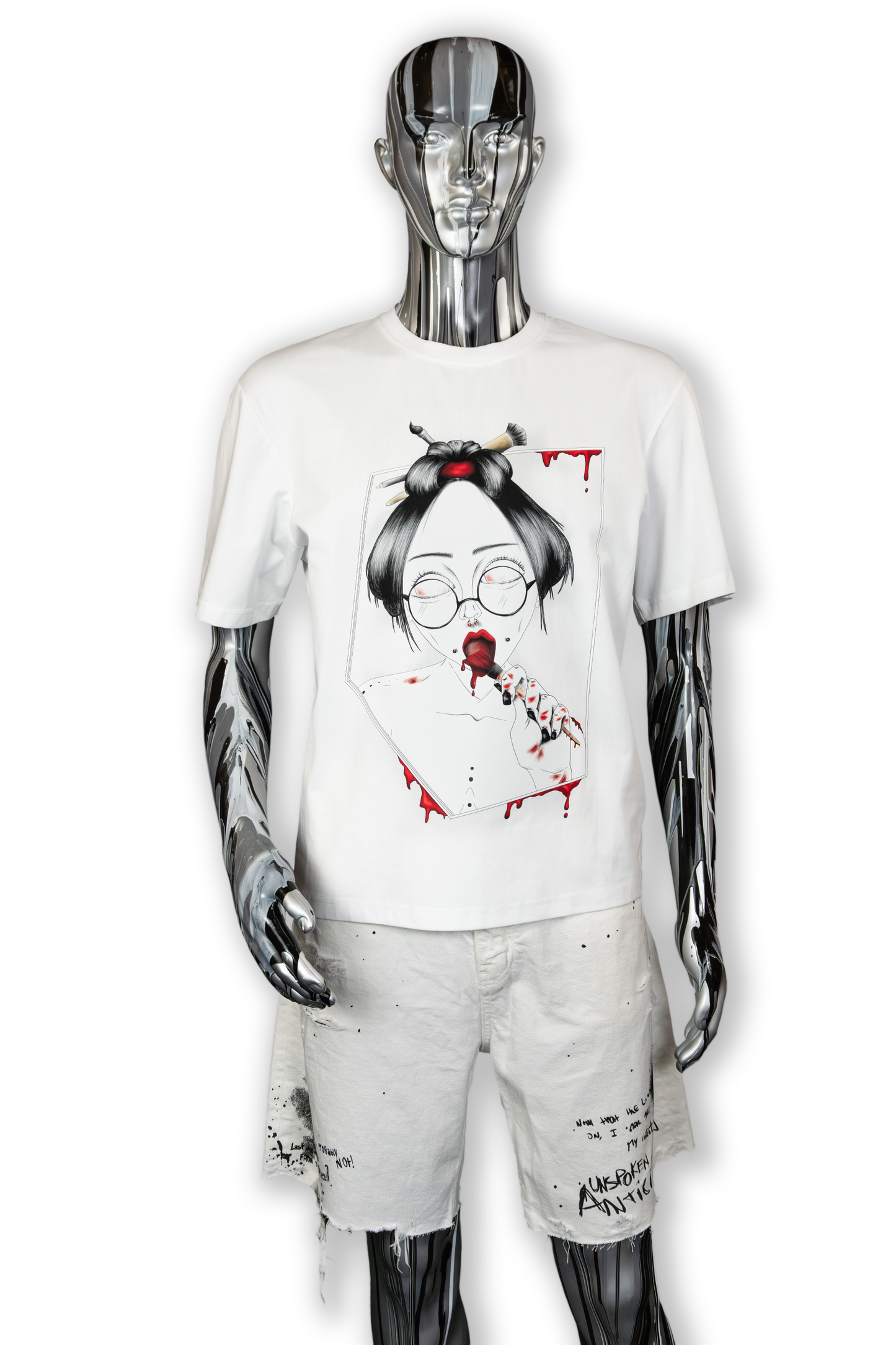 Male mannequin wearing Painted in Red Pierced Edition on white T-shirt
