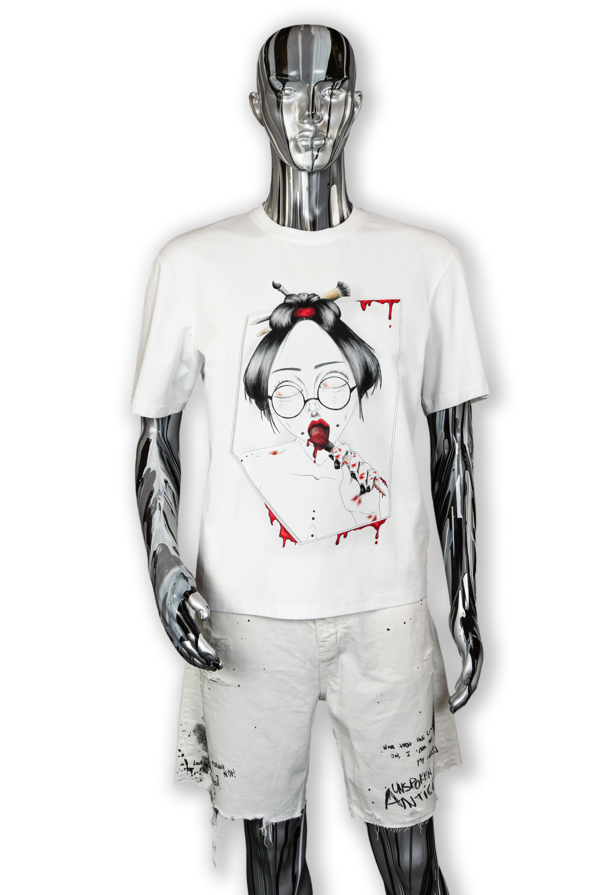 Male mannequin wearing Painted in Red Pierced Edition on white T-shirt