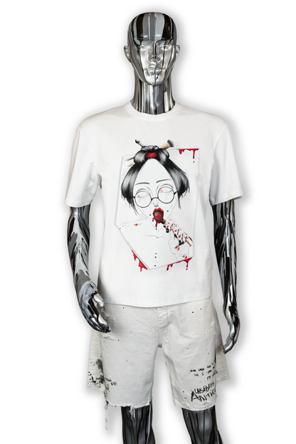 Male mannequin wearing Painted in Red Pierced Edition on white T-shirt