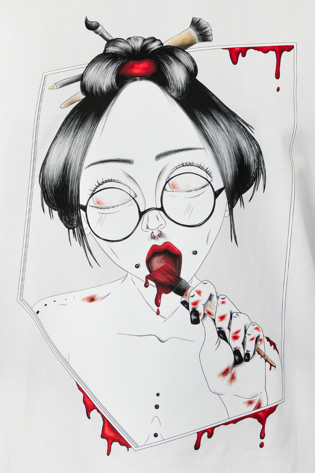 Close-up of Painted in Red Pierced Edition on white T-shirt