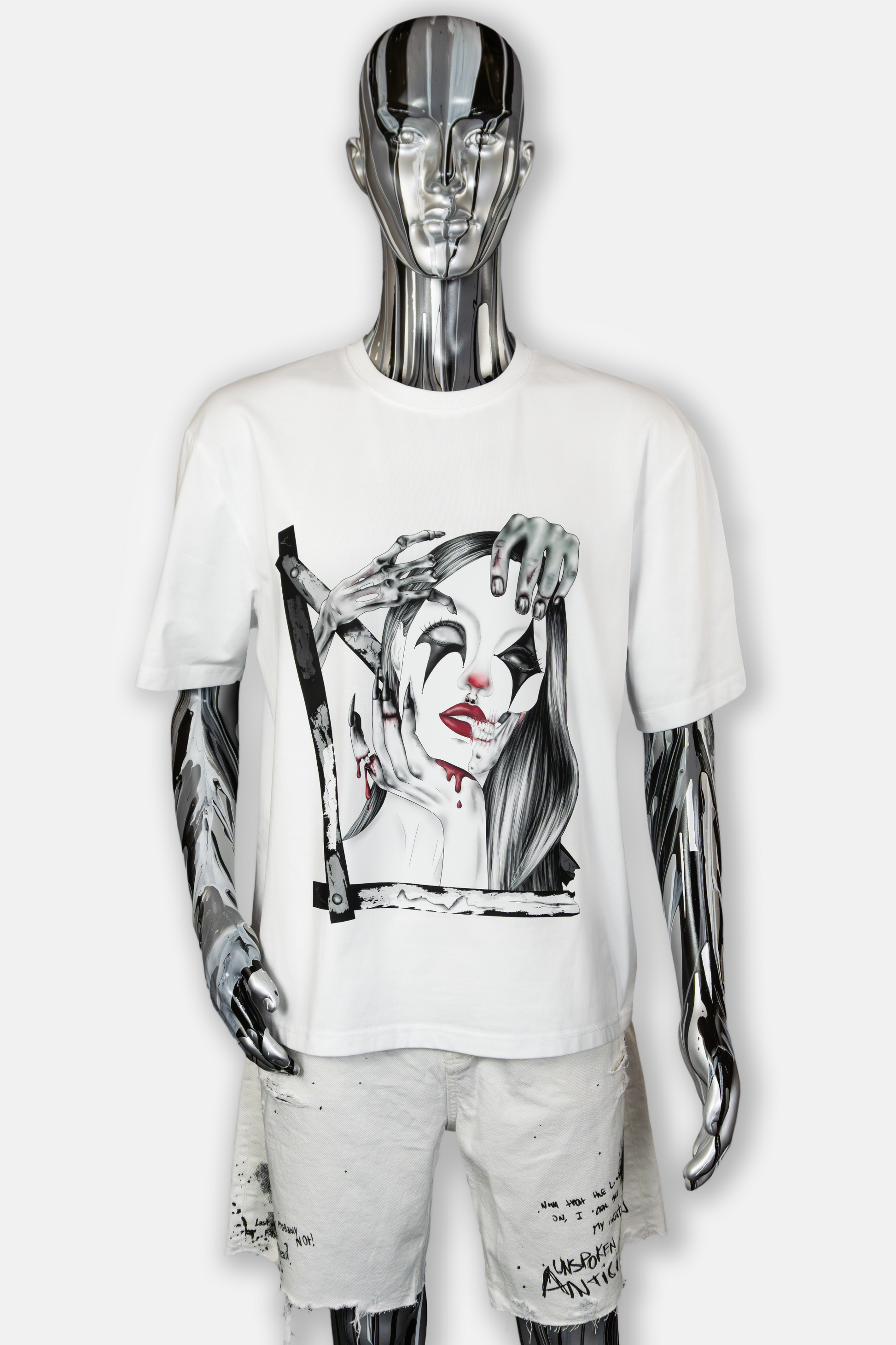 Male mannequin wearing Trapped in the Darkness Pierced Edition white T-shirt with dark art and piercing