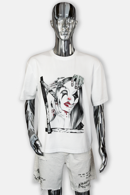 Male mannequin wearing Trapped in the Darkness Pierced Edition white T-shirt with dark art and piercing