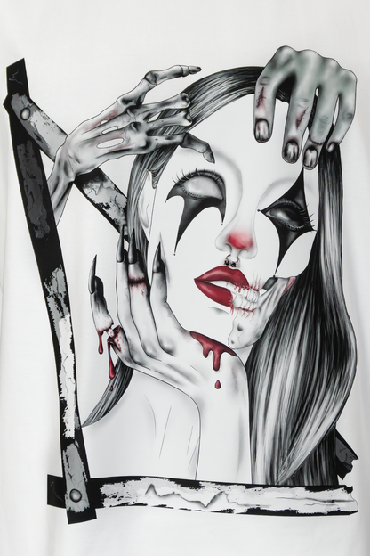 Close-up of Trapped in the Darkness Pierced Edition white T-shirt with dark art and piercing