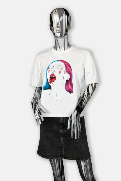 Female mannequin wearing Pair of Hearts Pierced Edition on white T-shirt