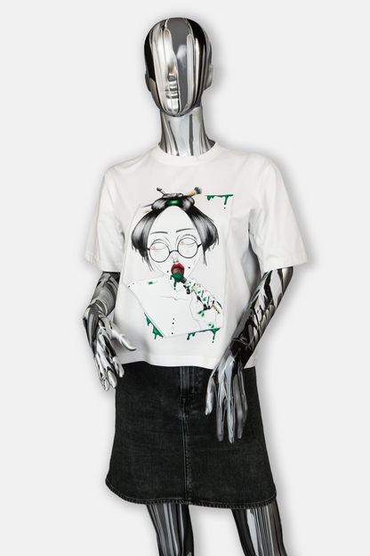 Female mannequin wearing Painted in Green Pierced Edition on white T-shirt