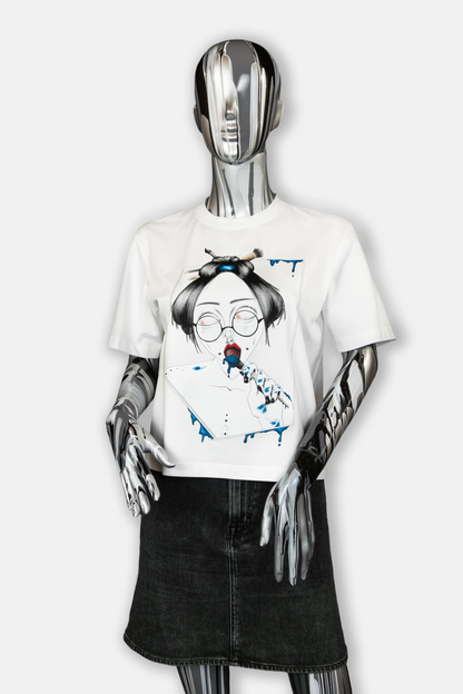 Female mannequin wearing Painted in Blue Pierced Edition on white T-shirt