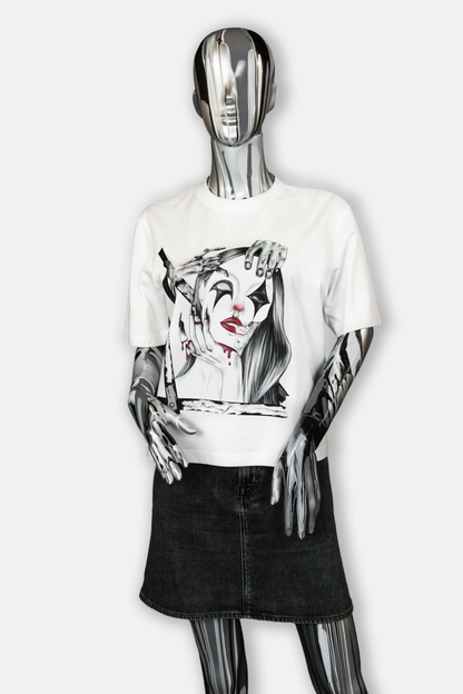 Female mannequin wearing Trapped in the Darkness Pierced Edition on white T-shirt