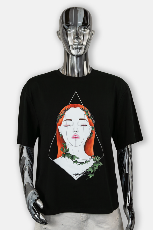 Male mannequin wearing Tangled Ivy Pierced Edition on black T-shirt