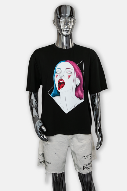 Male mannequin wearing Pair of Hearts Pierced Edition on black T-shirt