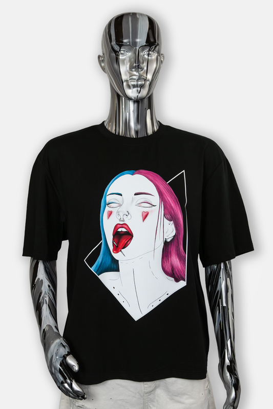Male mannequin wearing Pair of Hearts Pierced Edition on black T-shirt