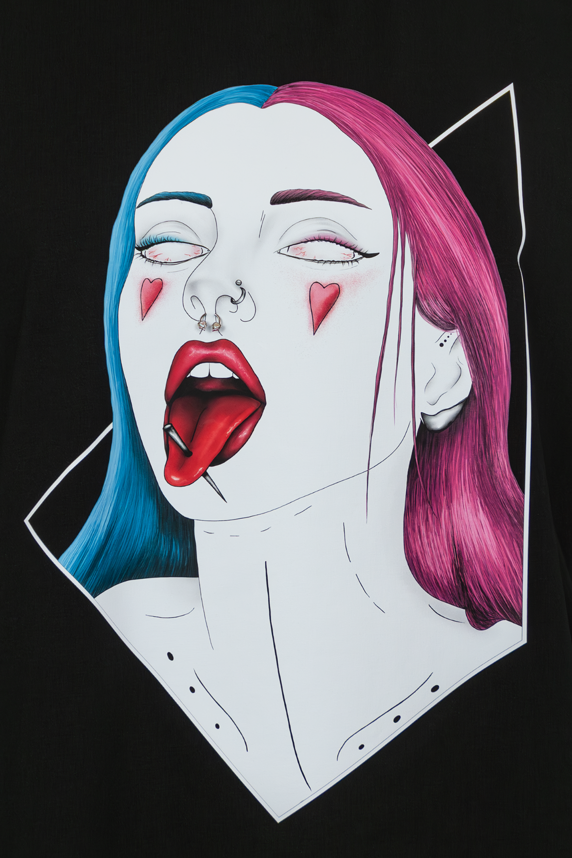 Close-up of Pair of Hearts Pierced Edition on black T-shirt