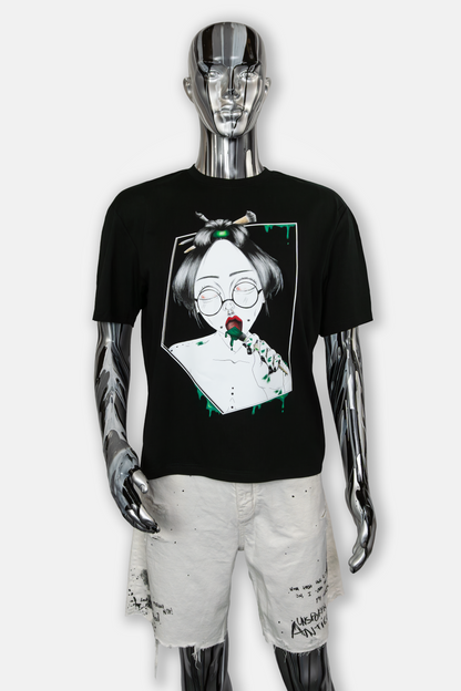 Male mannequin wearing Painted in Green Pierced Edition on black T-shirt