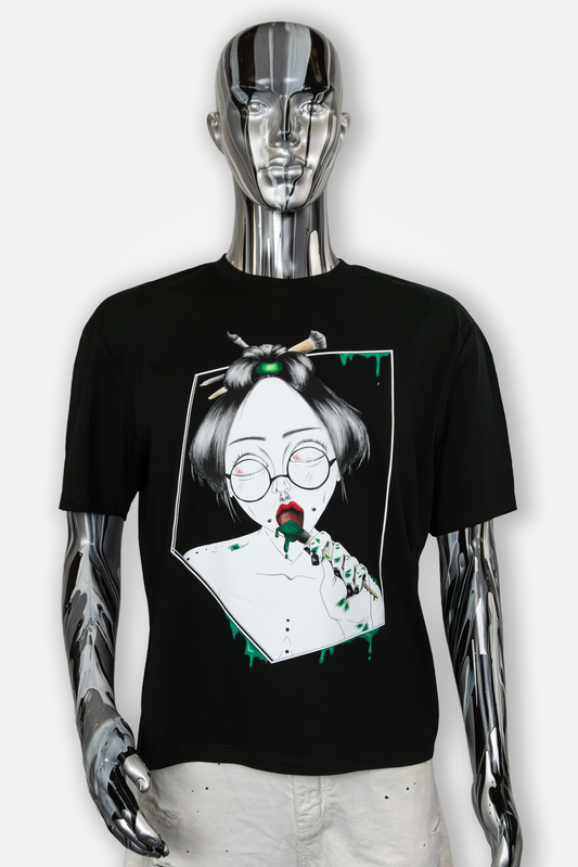 Male mannequin wearing Painted in Green Pierced Edition on black T-shirt