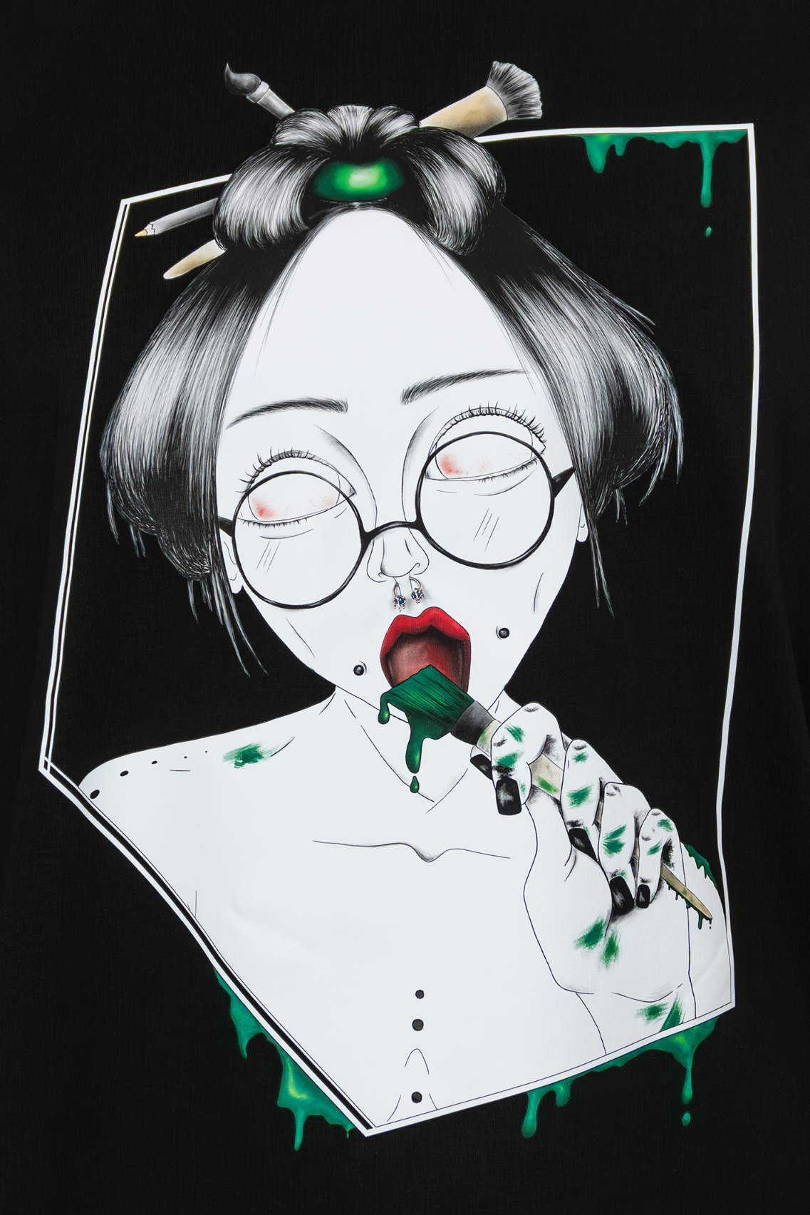 Close-up of Painted in Green Pierced Edition on black T-shirt