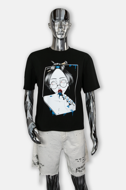 Male mannequin wearing Painted in Blue Pierced Edition on black T-shirt