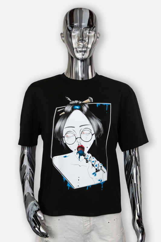 Male mannequin wearing Painted in Blue Pierced Edition on black T-shirt