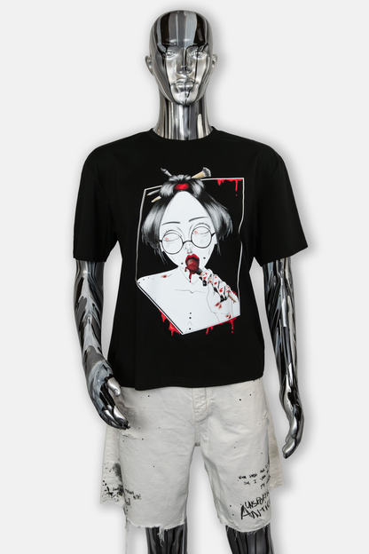 Male mannequin wearing Painted in Red Pierced Edition on black T-shirt
