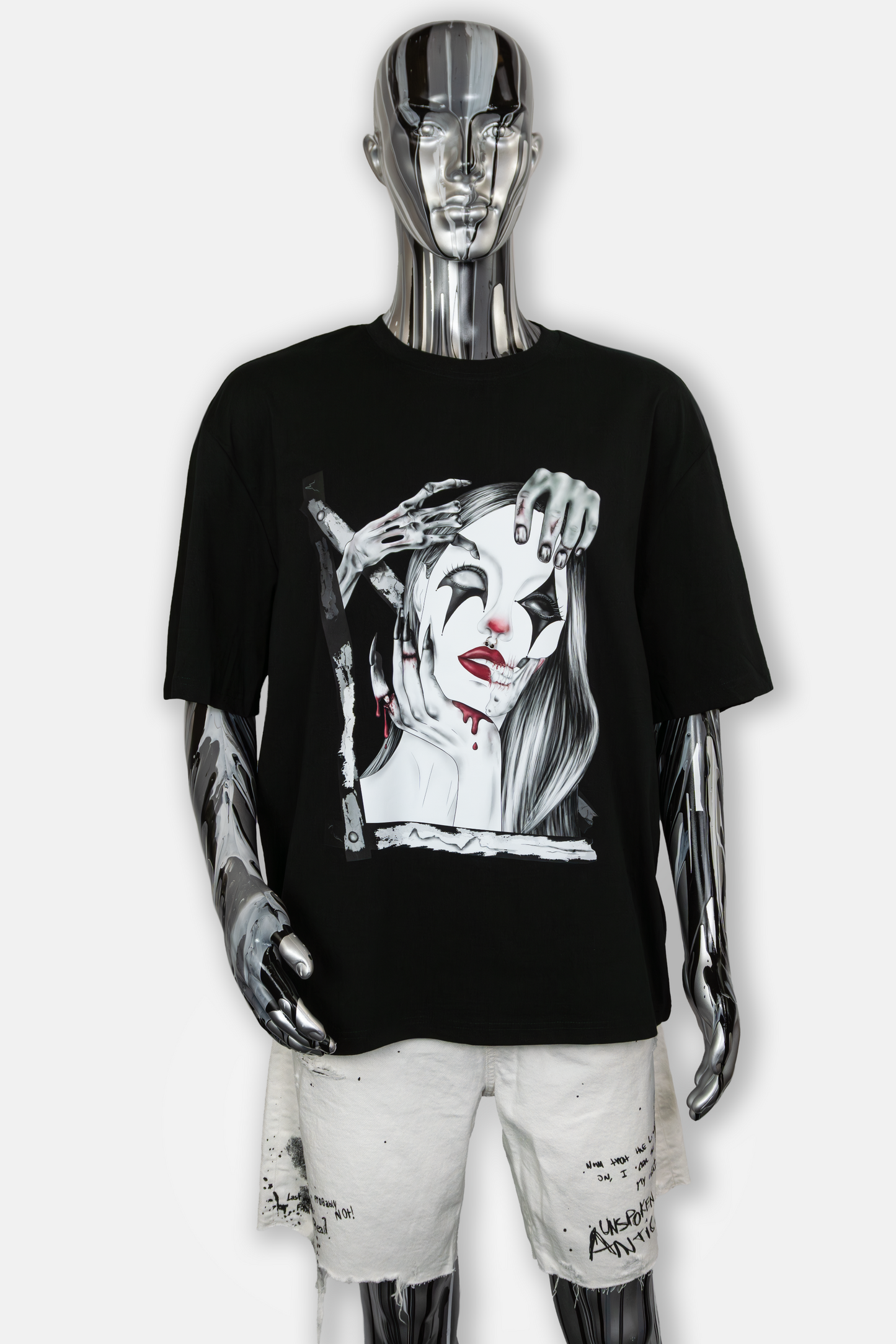 Male mannequin wearing Trapped in the Darkness Pierced Edition black T-shirt with dark art and piercing