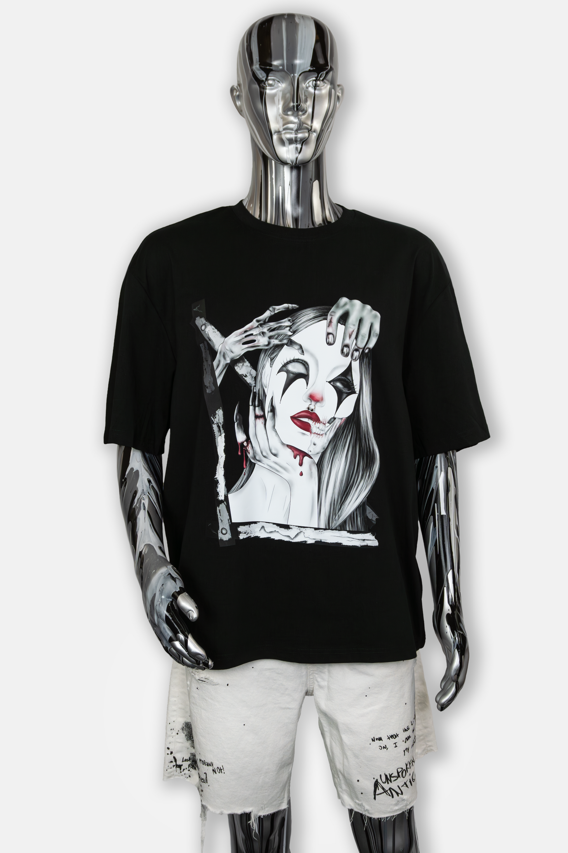 Male mannequin wearing Trapped in the Darkness Pierced Edition black T-shirt with dark art and piercing