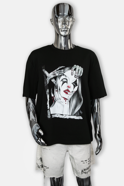 Male mannequin wearing Trapped in the Darkness Pierced Edition black T-shirt with dark art and piercing