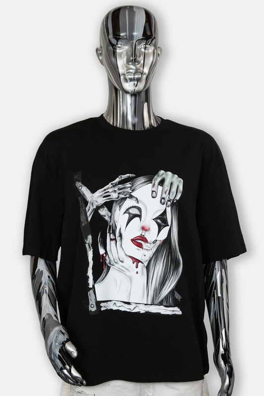 Male mannequin wearing Trapped in the Darkness Pierced Edition black T-shirt with dark art and piercing