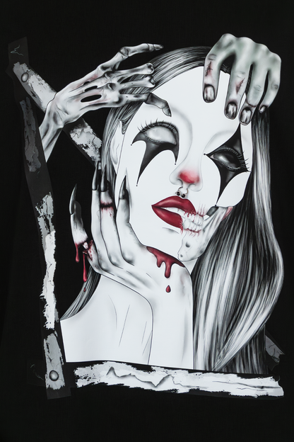 Close-up of Trapped in the Darkness Pierced Edition black T-shirt with dark art and piercing