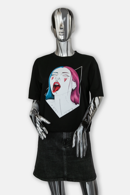 Female mannequin wearing Pair of Hearts Pierced Edition on black T-shirt