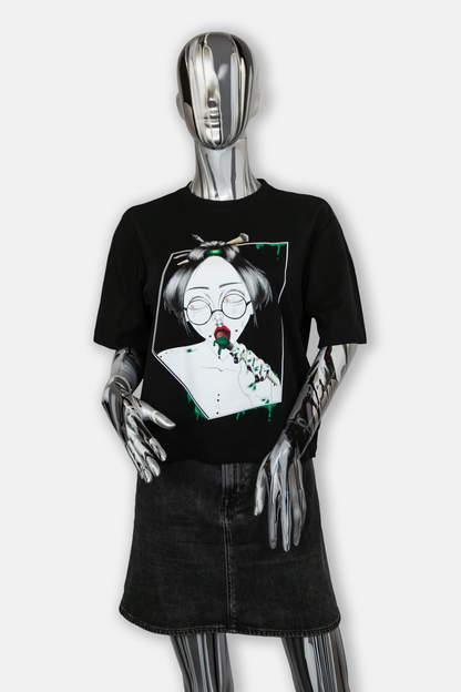Female mannequin wearing Painted in Green Pierced Edition on black T-shirt
