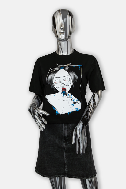 Female mannequin wearing Painted in Blue Pierced Edition on black T-shirt