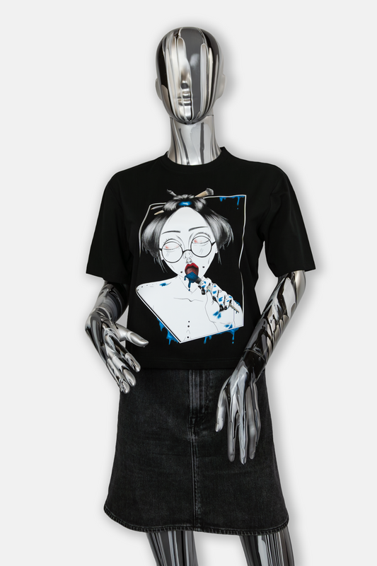 Female mannequin wearing Painted in Blue Pierced Edition on black T-shirt
