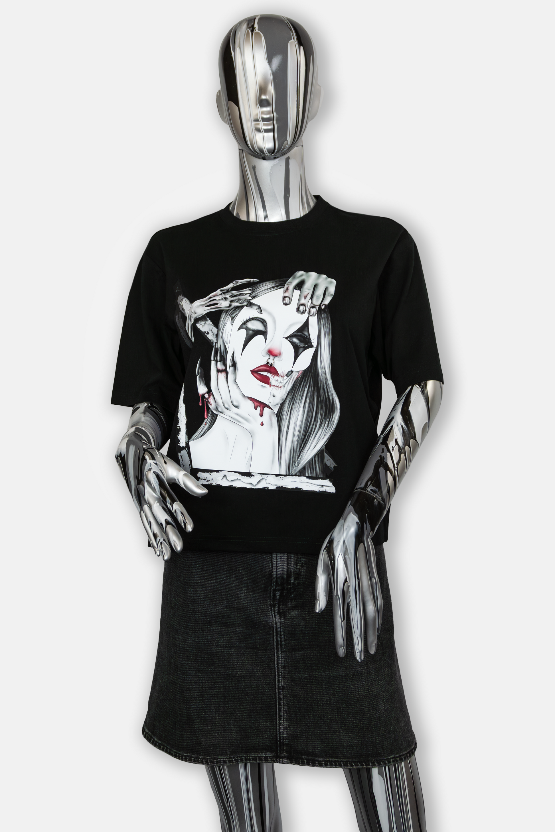 Female mannequin wearing Trapped in the Darkness Pierced Edition on black T-shirt
