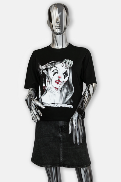 Female mannequin wearing Trapped in the Darkness Pierced Edition on black T-shirt